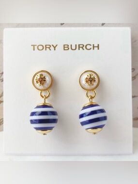 *TORY BURCH*  Gold Logo Navy Striped Ball Drop Earrings NEW